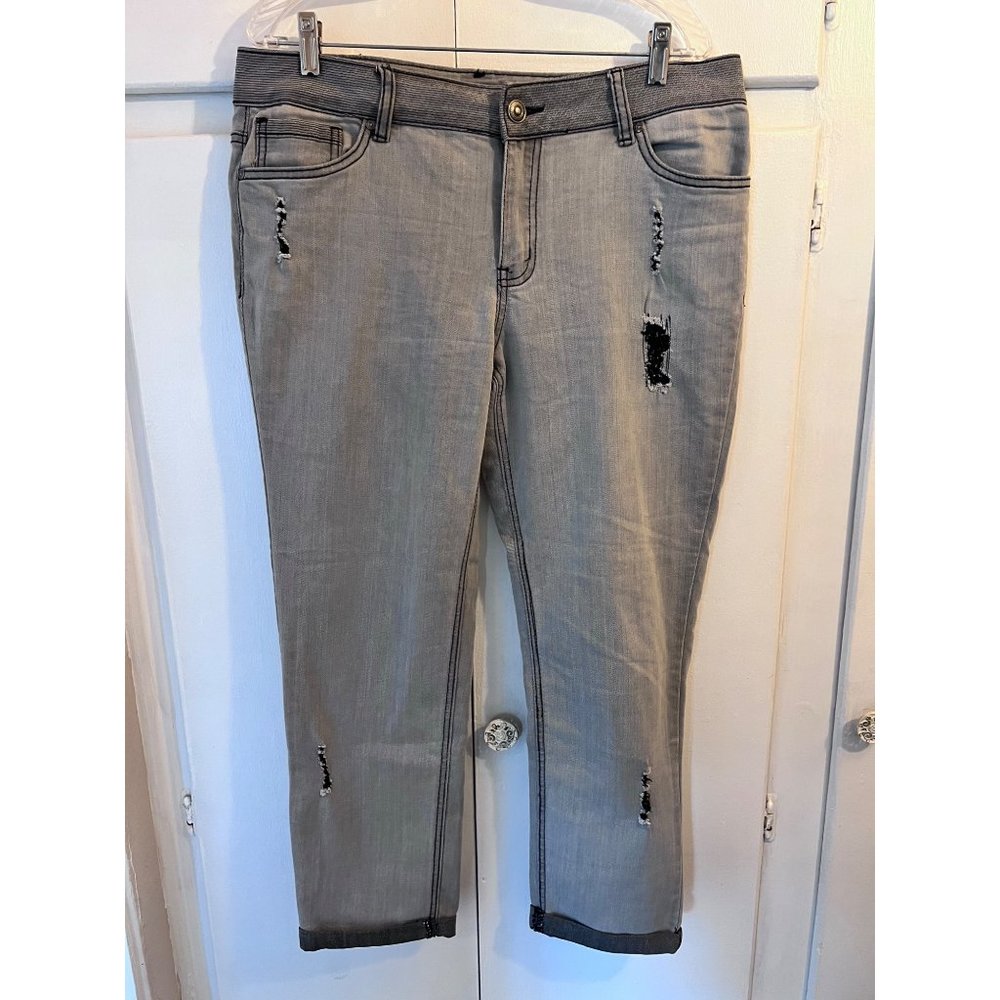 Indigo Thread Co Gray Denim  Crop Jeans Distressed Cuffed, Size 12 Straight Leg